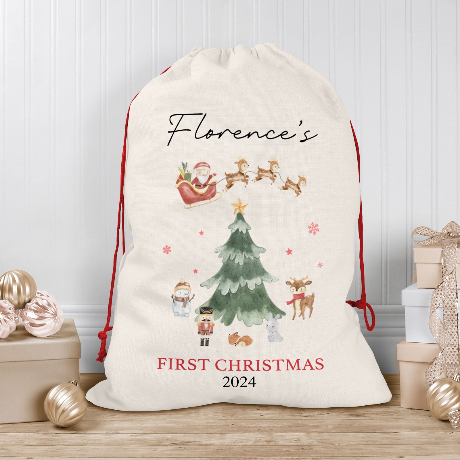 Baby's First Christmas Sack, Personalised Christmas Sack | Custom Christmas Stocking | Baby's 1st Christmas Santa Sacks - Watercolour