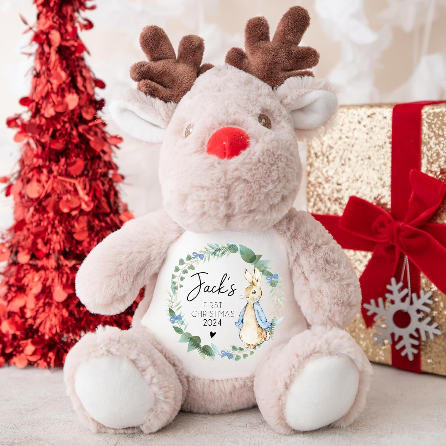 Personalised Christmas Teddy | Baby's 1st Christmas Teddy | Personalised Reindeer | 1st Christmas Gift, First Christmas Teddy - Blue Bunny