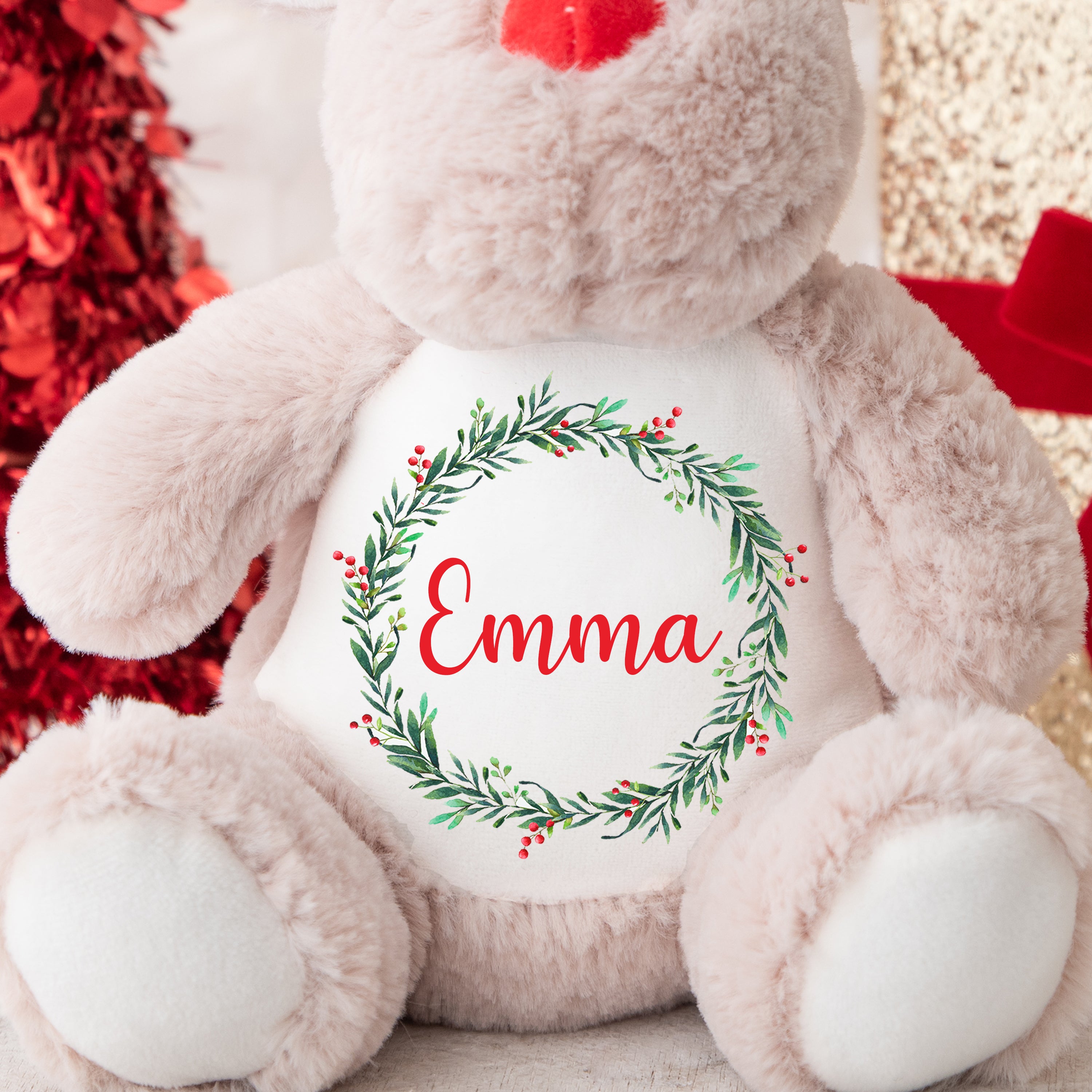 Personalised Christmas Teddy | Reindeer Teddy | Personalised Christmas Gift, Baby Christmas Kids, Children's Christmas Gift | Holly Wreath