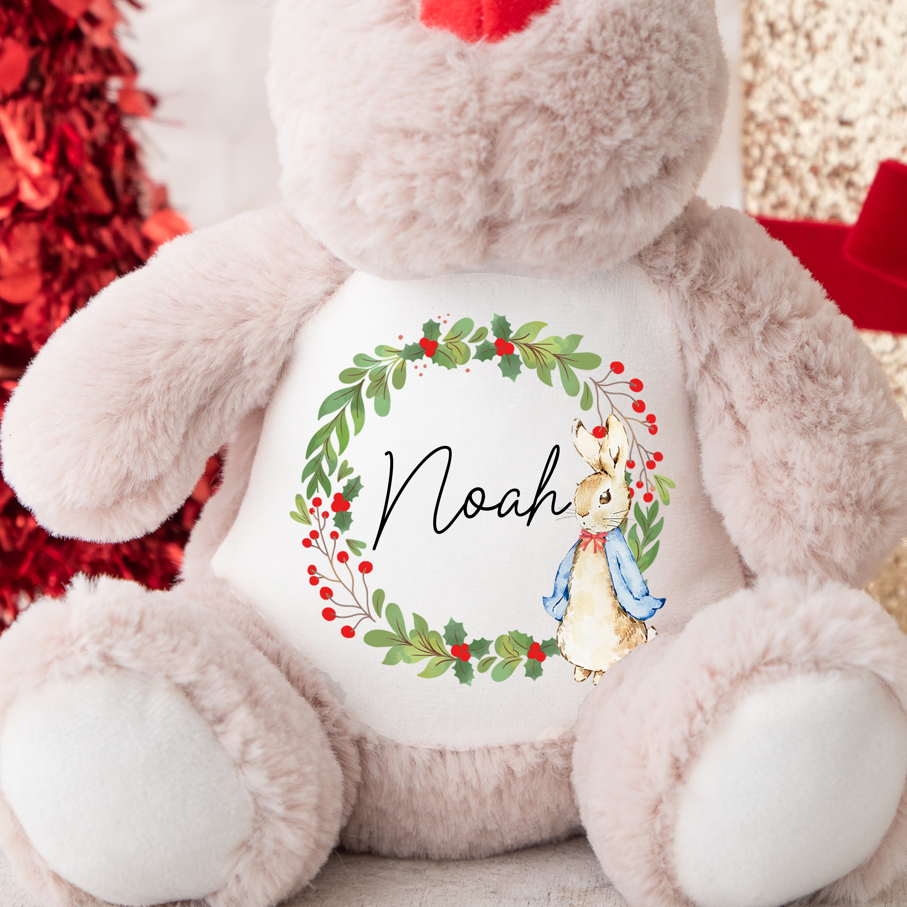 Personalised Christmas Teddy | Reindeer Teddy | Personalised Christmas Gift, Baby Christmas Kids, Children's Christmas Gift | Bunny Wreath