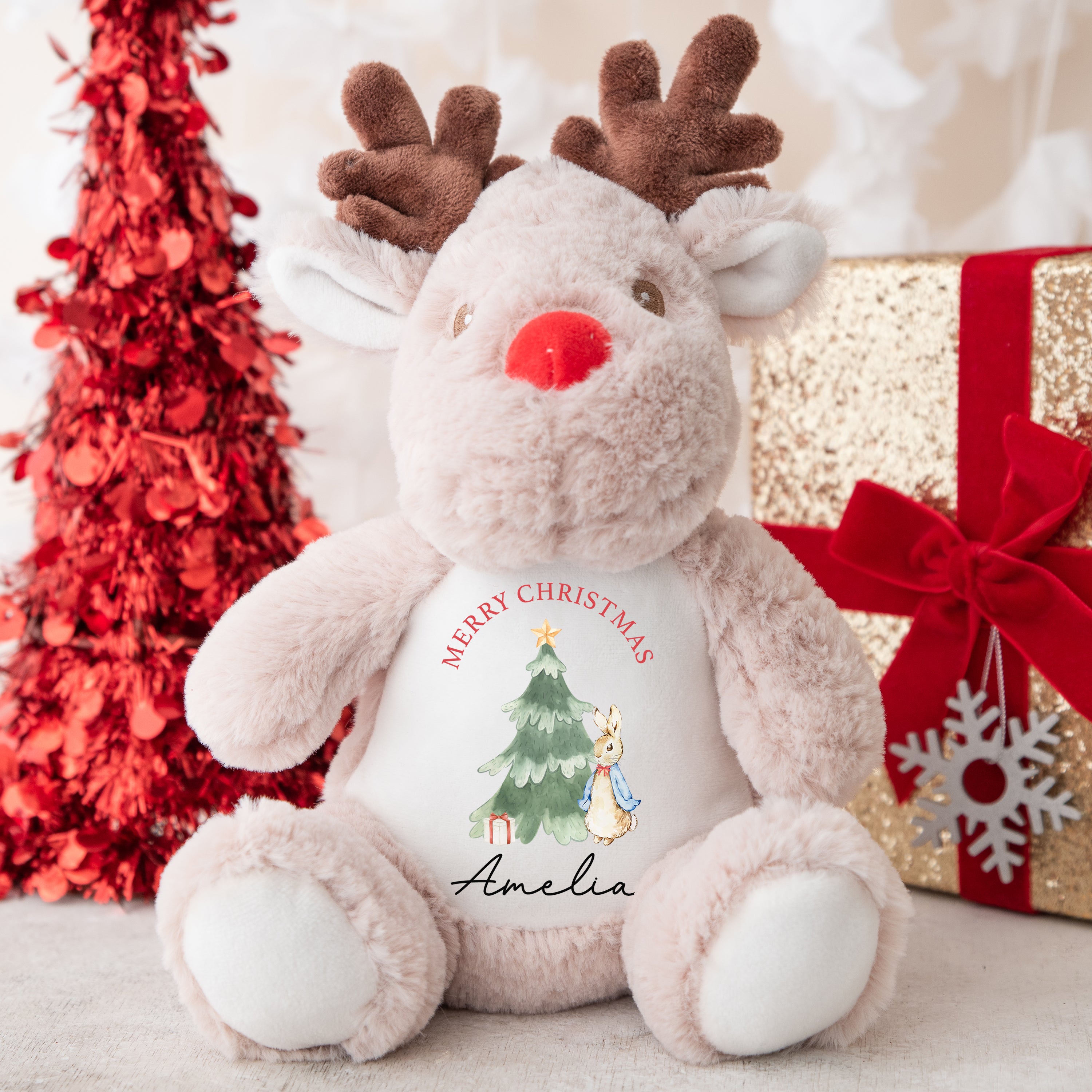 Personalised Christmas Teddy | Reindeer Teddy | Personalised Christmas Gift, Baby Christmas Kids, Children's Christmas Gift | Watercolour Tree Bunny