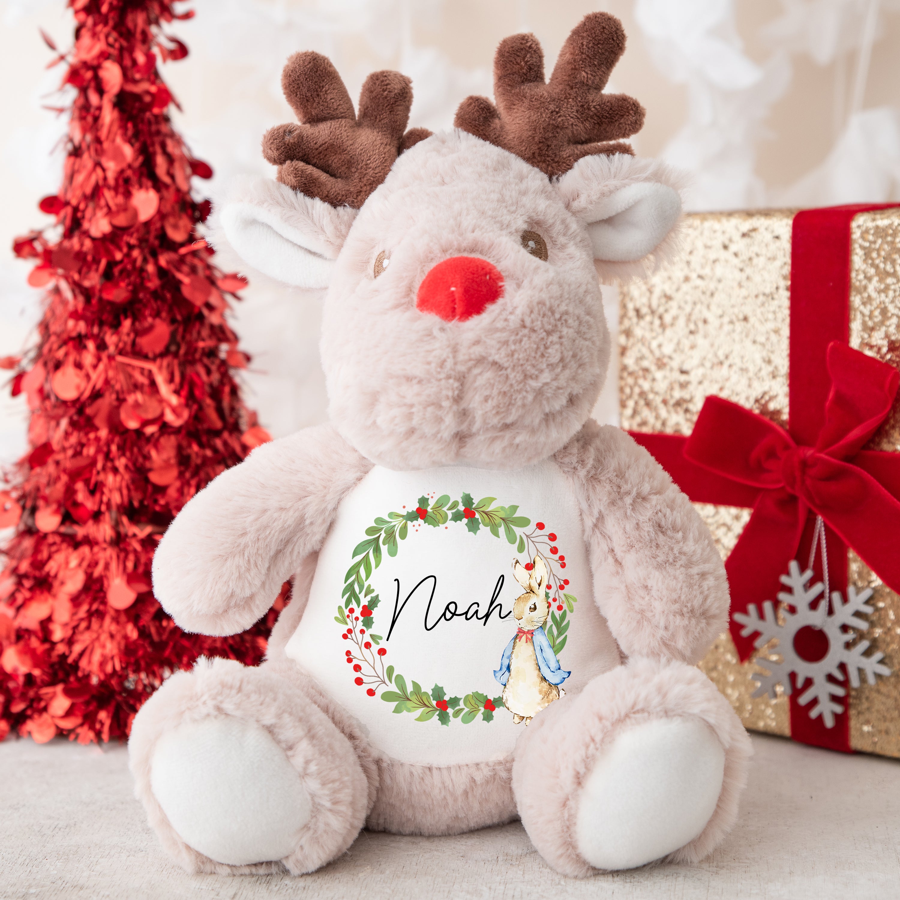 Personalised Christmas Teddy | Reindeer Teddy | Personalised Christmas Gift, Baby Christmas Kids, Children's Christmas Gift | Bunny Wreath