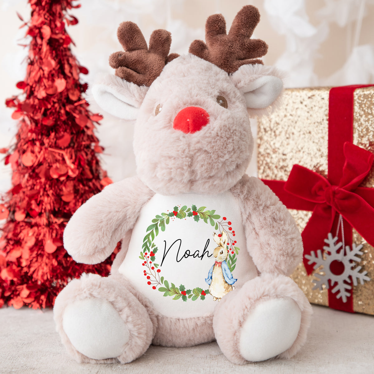 Personalised Christmas Teddy | Reindeer Teddy | Personalised Christmas Gift, Baby Christmas Kids, Children's Christmas Gift | Bunny Wreath